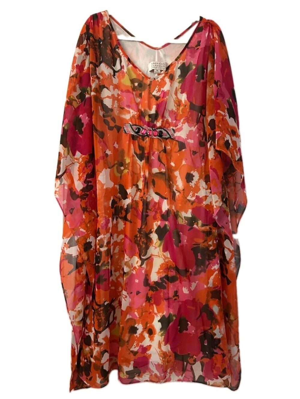 Badgley Mischka American Glamour Floral Chiffon Kaftan Dress Size M Pink Orange